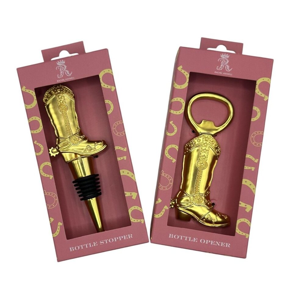 NEW Rachel Ashwell Gold Cowboy Boots Bottle Stopper + Opener